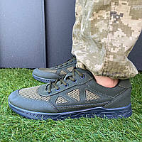 Летние мужские кроссовки в хаки цвете с сеткой и эко кожи