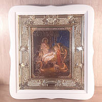 Икона Рождество Христово, лик 15х18 см, в белом фигурном деревянном киоте, тип 2.