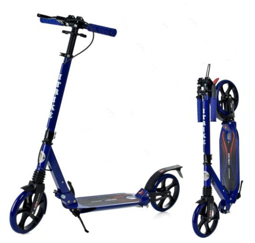 Самокат двоколісний iTrike Scooter складний алюмінієвий синій з ручним гальмом два амортизатори, фото 1