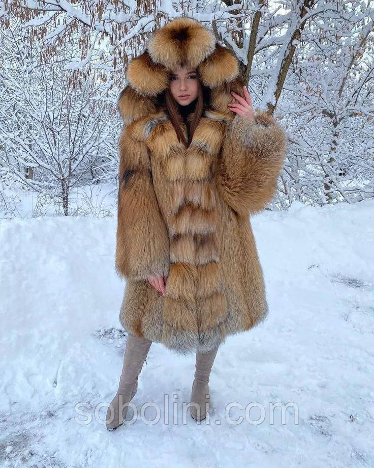 Шуба з хутра лисиці Gold Fox з капюшоном, фото 1