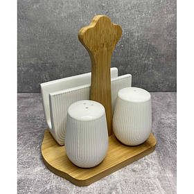 Набір для спецій Interos сільничка, перечниця, серветниця на бамбуковій підставці PJ03434