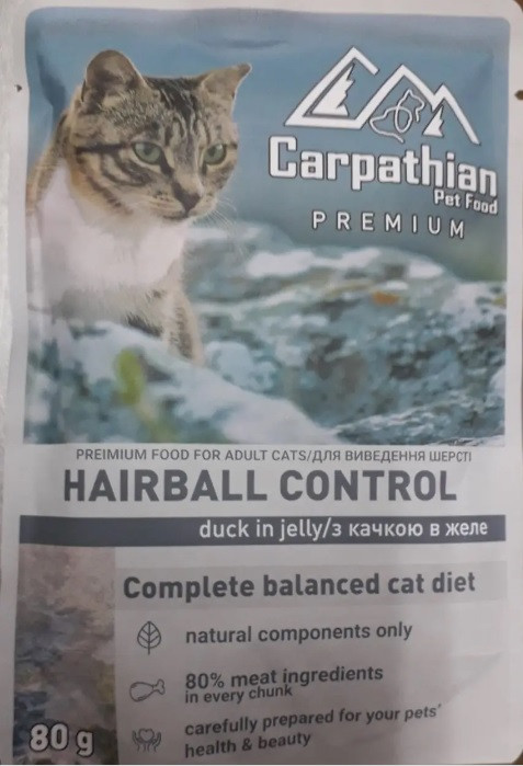 Вологий консервований корм для виведення вовни з Уткою в желі 80 г Carpathian Pet Fod Hairball Contr, фото 1