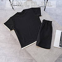 Мужской костюм футболка и шорты черный, Мужской летний комплект из хлопка черного цвета (турецкая двунитка) M