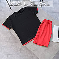 Мужской костюм футболка и шорты черный c красным, Мужской летний комплект из хлопка (турецкая двунитка)