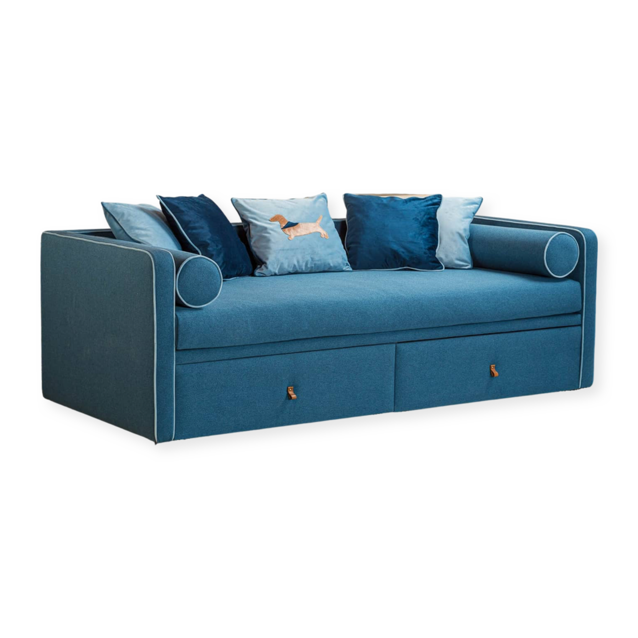 Дитячий диван для хлопчика MeBelle DORRIE 90х190 з висувними ящиками, синій, блакитний велюр, рогожка