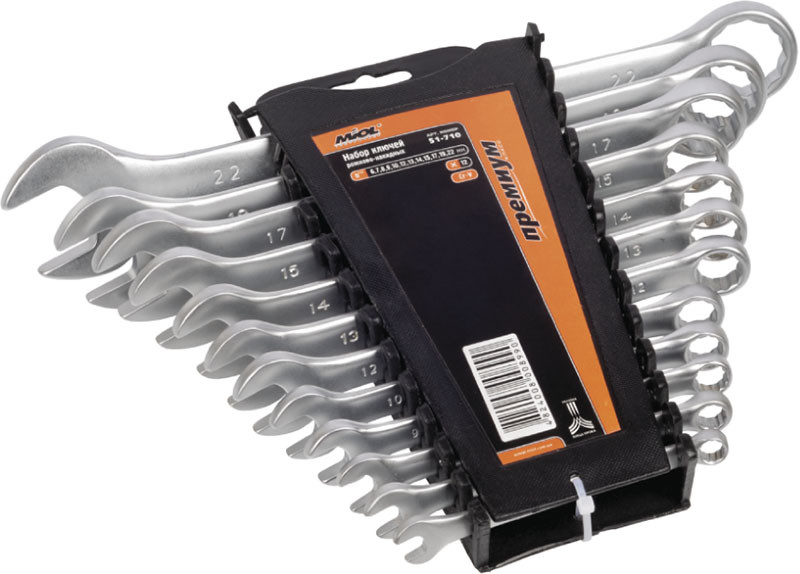 51-713 Набір ключів комбінованих Cr-V сатин, 15шт, (6-22мм) посиленої міцності