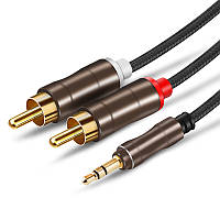 Аудио кабель 2 RCA - AUX 3.5mm miniJack хлопковая оплетка 1 метр