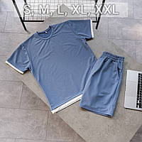 Мужской костюм футболка и шорты синий, Мужской летний комплект из хлопка синего цвета (турецкая двунитка)