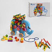 Детская деревянная игрушка каталка "Слоненок" шнуровка брусочки Деревянная каталка на шнурке С 49956