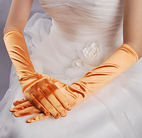 Рукавички атласні, святкові жіночі рукавички. ПОМАРАНЧЕВИЙ колір. Жовтогарячий колір.