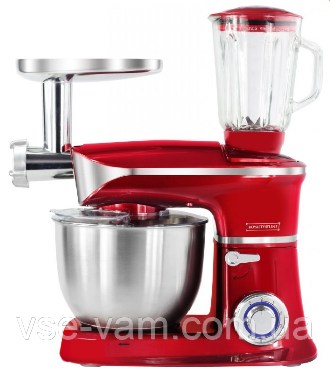 Кухонний комбайн 3в1 з тістомесом, м'ясорубкою й блендером для дому Royalty Line RL-PKM-1900.7BG RED 1900 Вт, фото 1