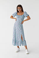 Длинное цветочное платье с оборкой hot fashion - бирюзовый цвет, M (есть размеры)