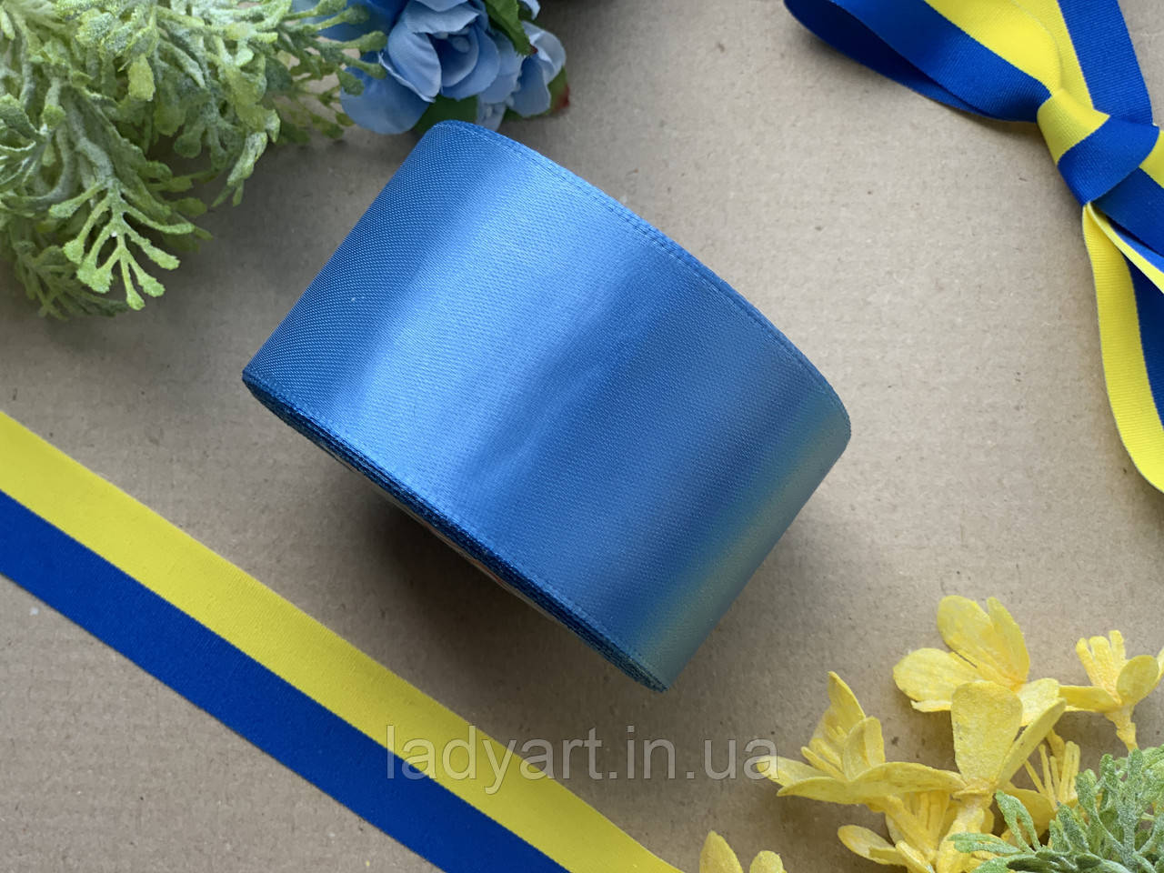 Стрічка атласна 5 см, 36 ярд, волошкового кольору (світло-синій)