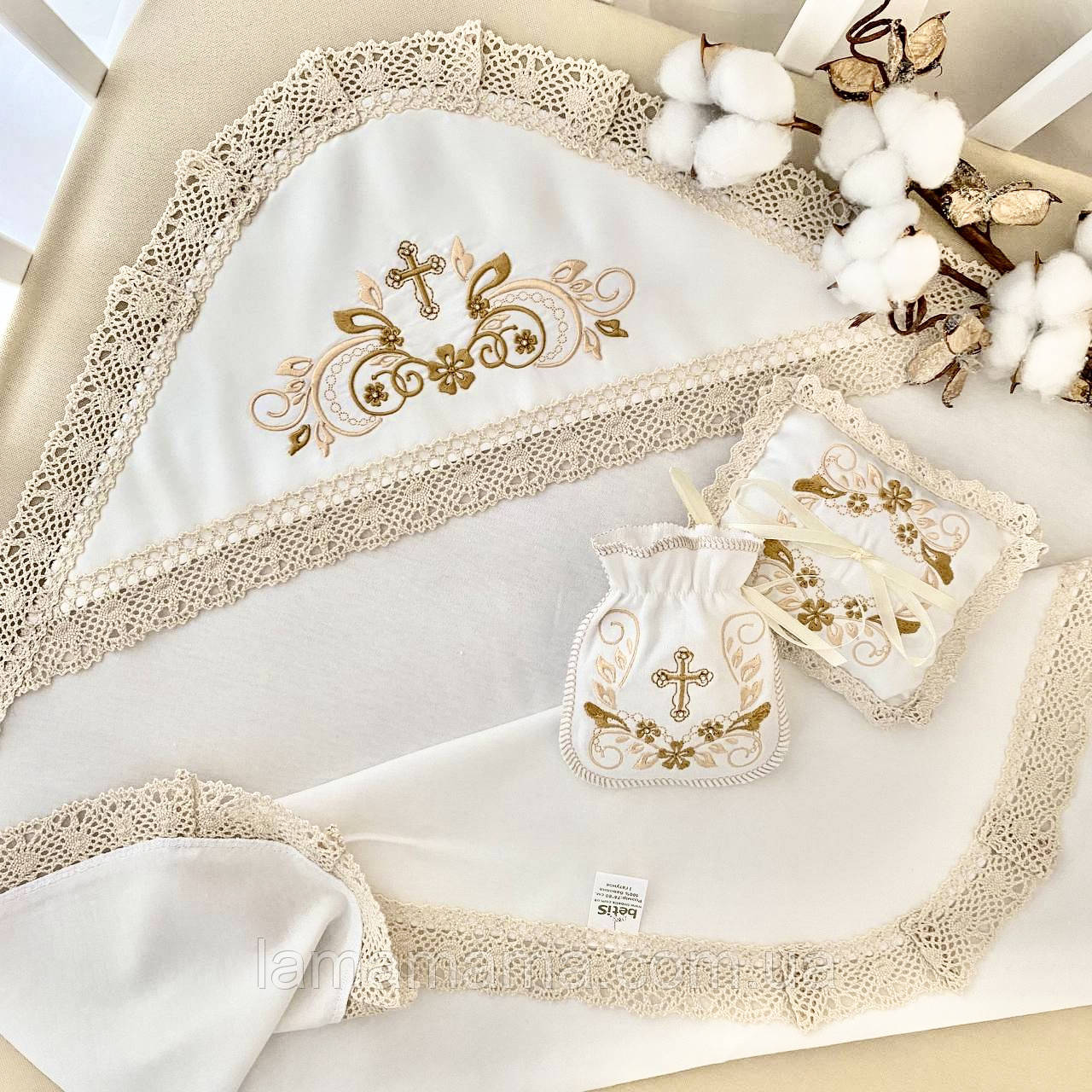 Набір для хрещення - Крижма трикотажна "Скарбничка ангела" 75х80 см, мішечок, подушечка Молочний/золото Подарункова упаковка, фото 1