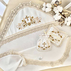 Набір для хрещення - Крижма трикотажна "Скарбничка ангела" 75х80 см, мішечок, подушечка Молочний/золото Подарункова упаковка