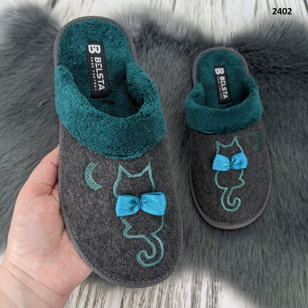 Тапочки жіночі кімнатні Белста з закритим носком сірі з зеленим 2402