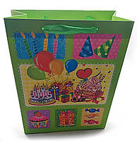 Пакет подарочный картонный с аппликацией "Happy Birthday" (18х23х8 см)