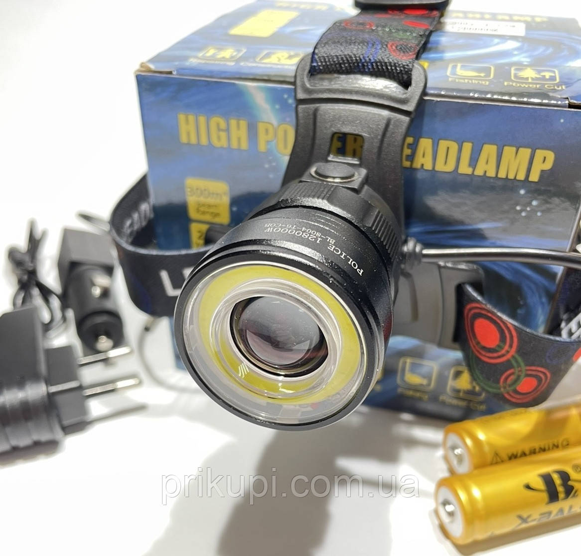 Ліхтар налобний акумуляторний 18650 х2 Police BL-8004-T6+COB зарядний 220В-12В, Фокусування