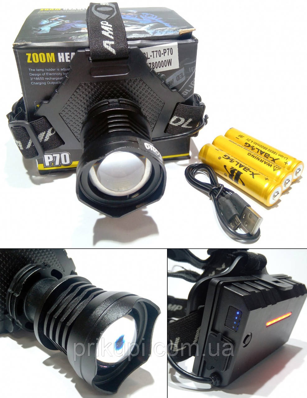 Потужний налобний ліхтар Police T70-HP70 (T70Pro HP70) ЗП micro USB, акумулятори 3x18650, Zoom, Power Bank
