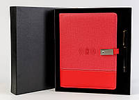 Блокнот, бізнес-щоденник із флешкою 16 Гб і бездротовою зарядкою, Powerbank Червоний
