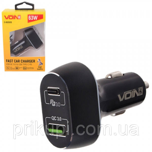 Автомобільний зарядний пристрій у прикурювач VOIN 63 W, 1 USB QC 3.0 18 W + 1PD 45 W, 12/24 V (C-63202Q)