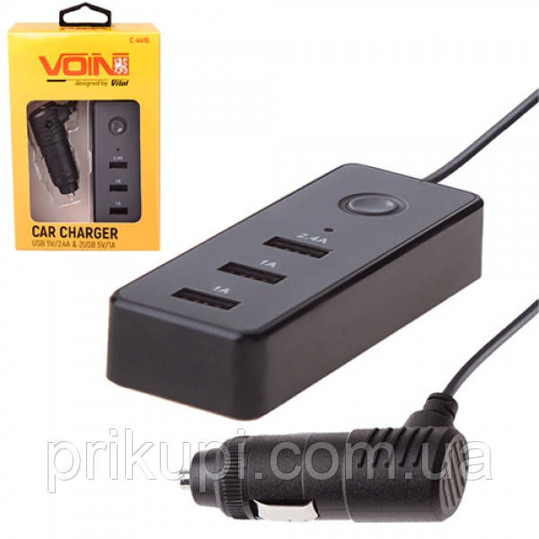Автомобільний зарядний пристрій у прикурювач VOIN C-4416 3USB (12/24V — 5V 2,4 А + 2х1А) дріт 1 м