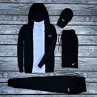 Мужской спортивный костюм Nike черный | Комплект Найк 5в1 кофта с штанами и футболка с шортами + кепка