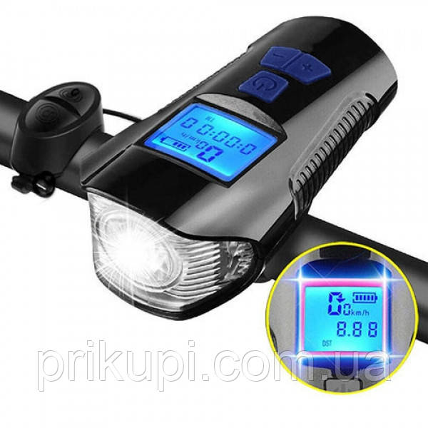 Велодзвінок + велокомп'ютер + велофара з сигналом XA-585-T6+2LED, виносна кнопка, Waterproof, акумуляторний,