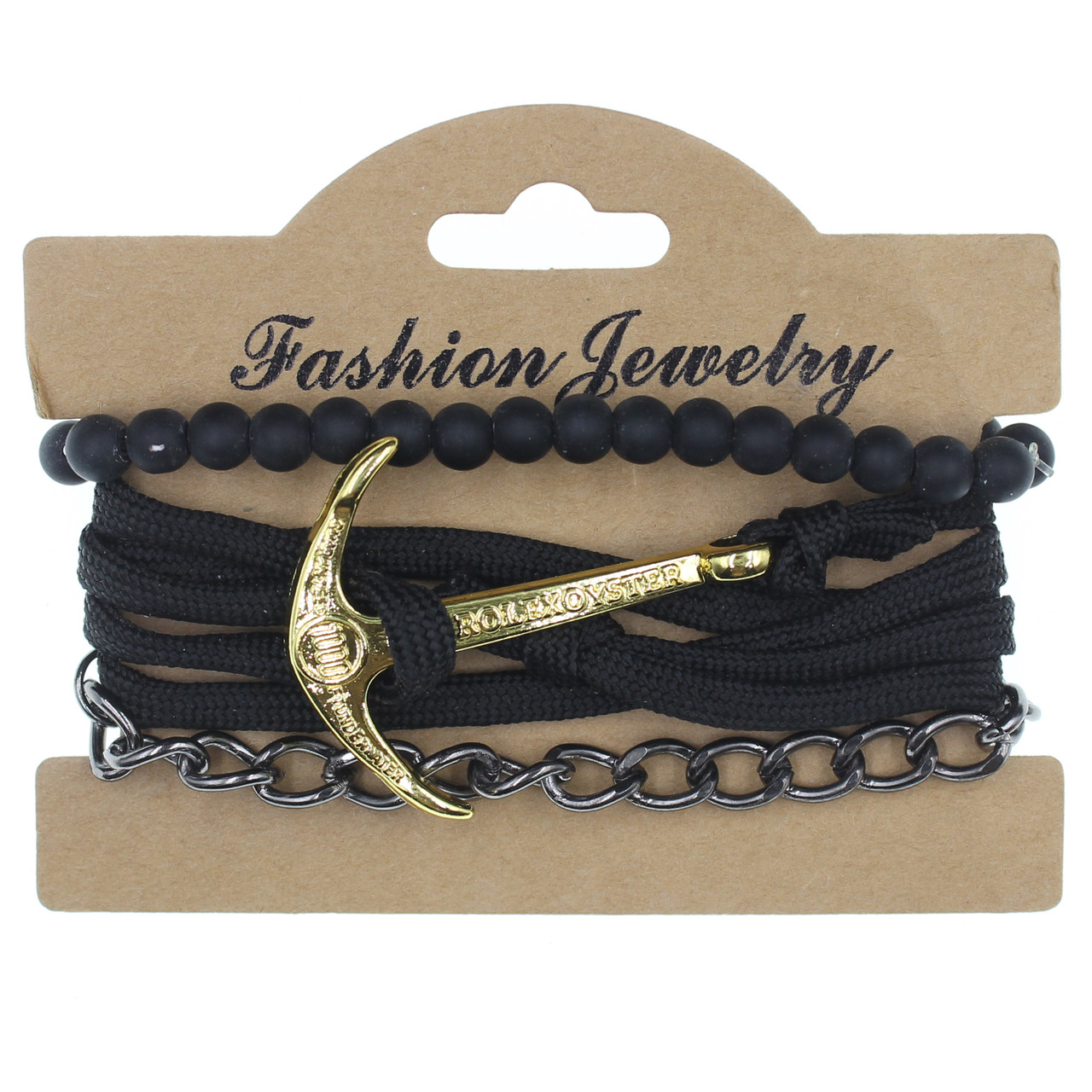 Браслет намотування багаторядний з елементами Stainless Steel якір феніки шкіра чорний регульований