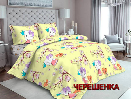 Тканина для постільної білизни Бязь "Gold" Lux дитяча GLB281 (50м) Hello Kitty на жовтому, фото 1