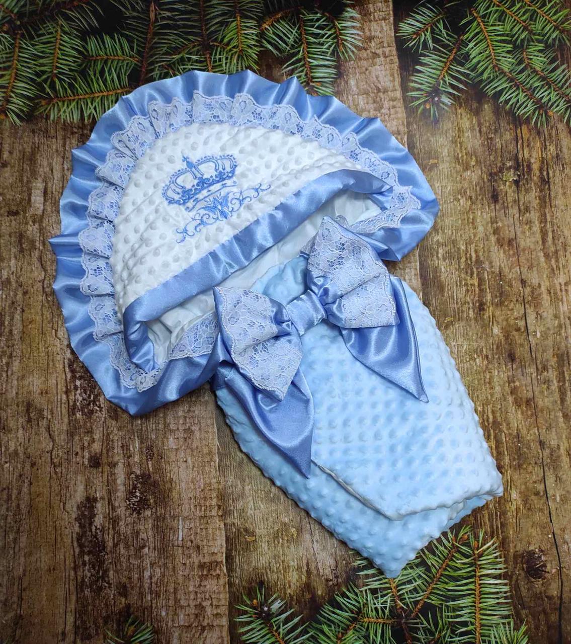 Нарядний плюшевий зимовий конверт на виписку, вишивка мережива рюші, білий + блакитний, фото 1