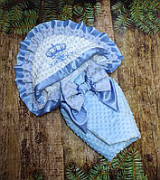 Нарядный плюшевый конверт на выписку, вышивка кружево рюши, белый + голубой
