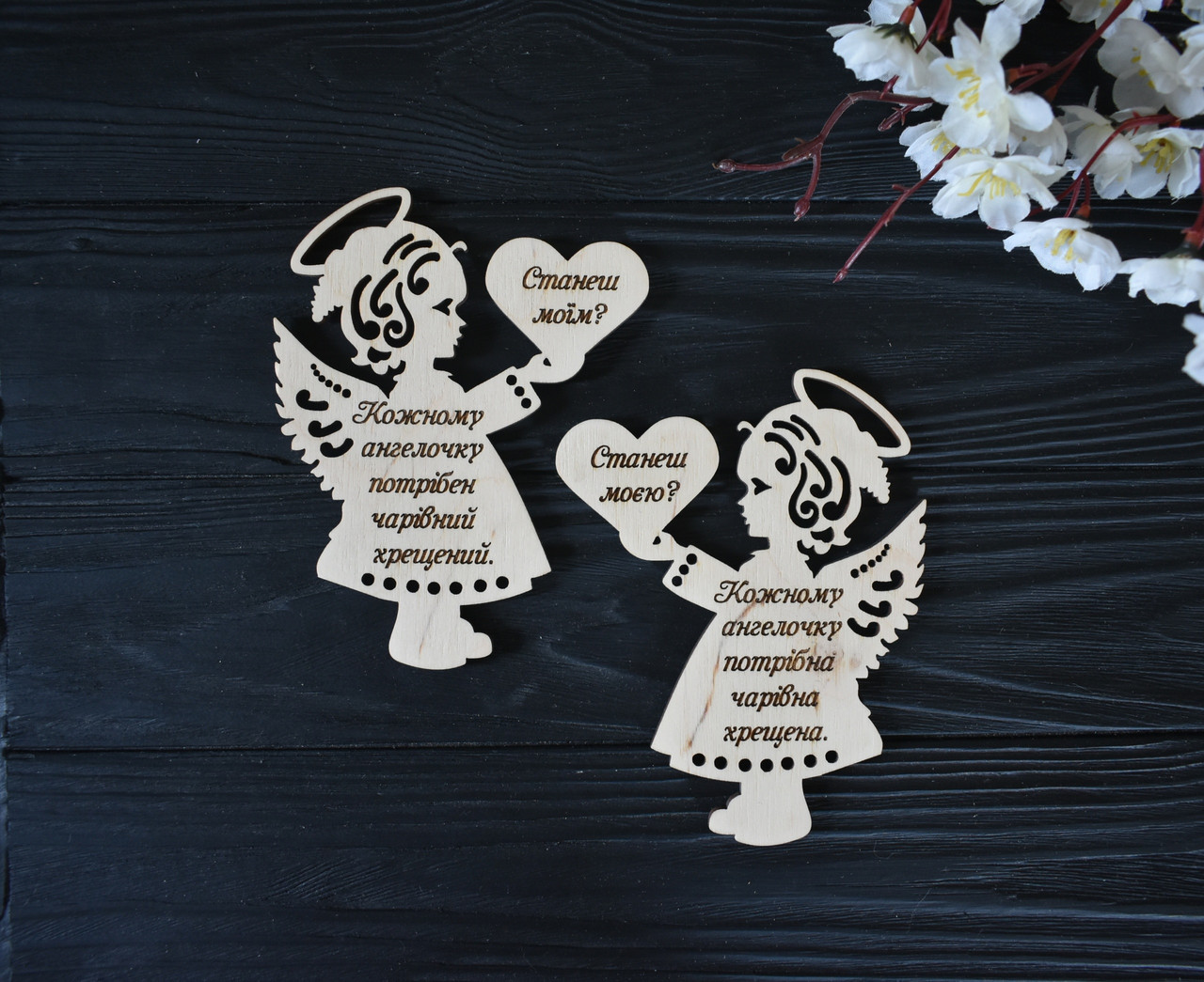 Ангелочки запрошення для хресних. Таблички у вигляді ангелів з гравіюванням, можно з вашим текстом, фото 1