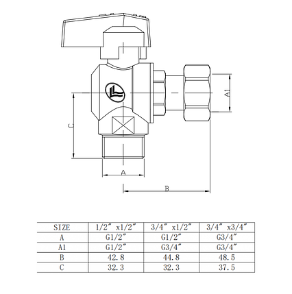 Кран кульковий кутовий з накидною гайкою Duble-lin з ручкою 1/2" ВЗ (78-104), фото 2