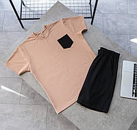 Мужской костюм футболка и шорты бежевый с черным, Мужской летний комплект из хлопка S M L XL XXL