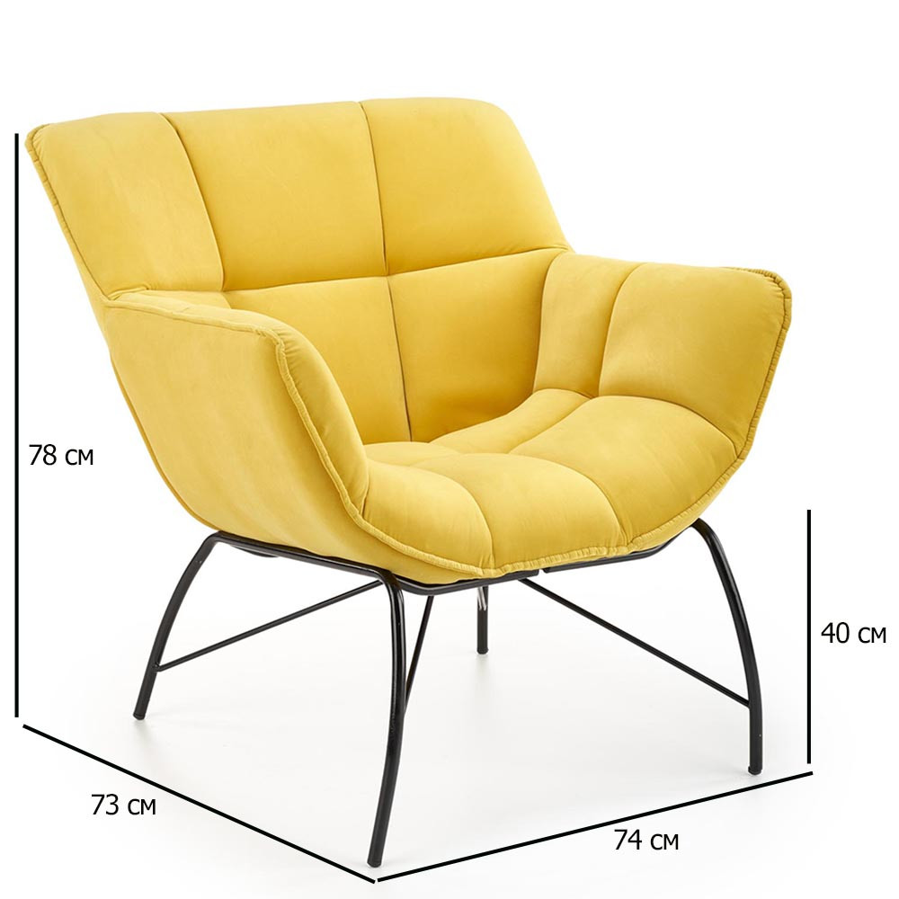 Стильне оксамитове жовте крісло Belton на чорних металевих ніжках для офісу, фото 1