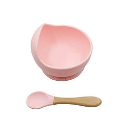 Силіконова тарілка Кумеенс AI-2020 рожевий на присосковій чашці з ложкою для дітей