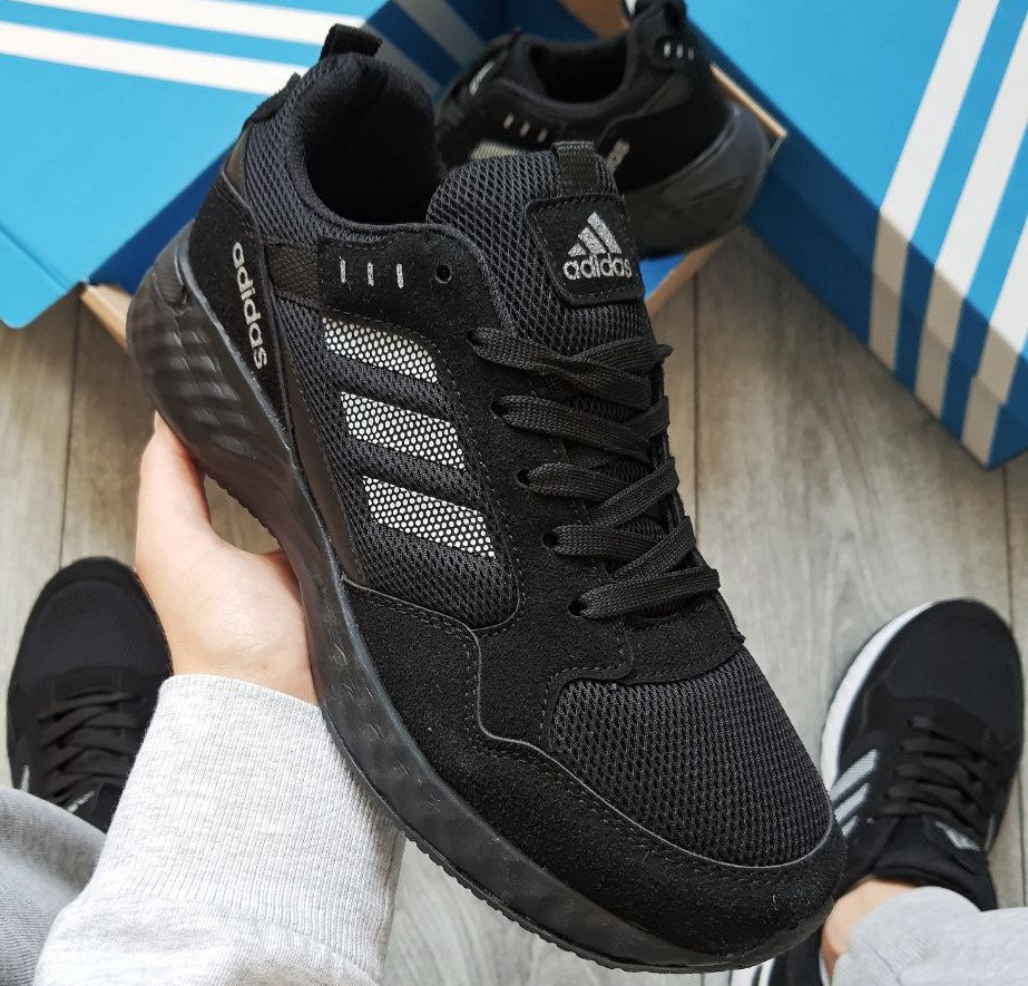 Чоловічі літні кросівки в сітку Adidas весна-літо замшеві чорні. Живе фото, фото 1