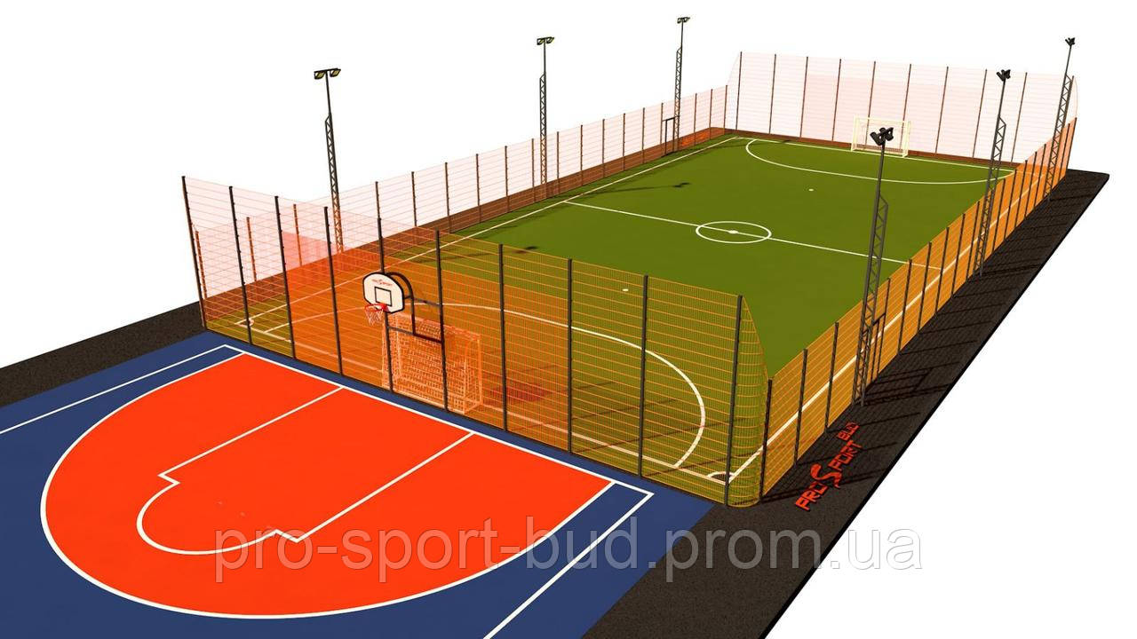 Строительство футбольного поля под ключ Универсальная площадка 18х30 Покрытие Резиновое покрытие 15 мм - фото 1 - id-p1630054401