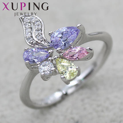 Колечко серебристого цвета тонкое Xuping Jewelry цветочек с разноцветными фианитами медицинский сплав, фото 1