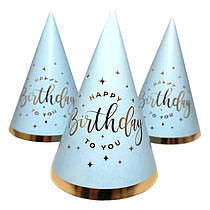 Ковпачок "Happy Birthday" золото на блакитному 15 см 10 шт/уп