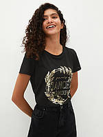 Чорна жіноча футболка LC Waikiki/ЛС Вайки із золотистим принтом Chanceux L'amour