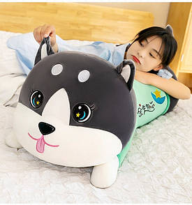 Іграшка подушка обіймашка хаскі в зеленій футболці довгий (110 см) tai0310