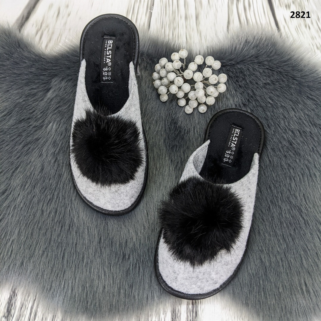 Тапочки жіночі домашні Белста фетрові сірі з чорним пушком, фото 1