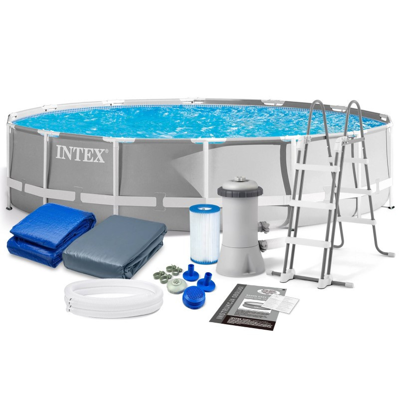Басейн каркасний круглий (427x107 см, 12706л, фільтр-насос, сходи, підстилка) Intex 26720 Сірий