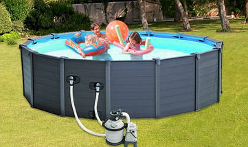 Басейн каркасний круглий (478-124см, 16805л, фільтр-насос, сходи, підстилка, тент) Intex 26384 Сірий, фото 3