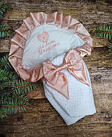 Плюшевый конверт одеяло для девочки, вышивка "Маленькая Украинка", белый с пудрой