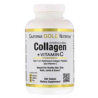 Коллаген, California Gold Nutrition Hydrolyzed Collagen + Vitamin C Type 1 & 3 250 таб