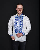 Чоловіча вишита сорочка Всеволод льон білий з синім, Вишиванка чоловіча біла, Вишиті сорочки
