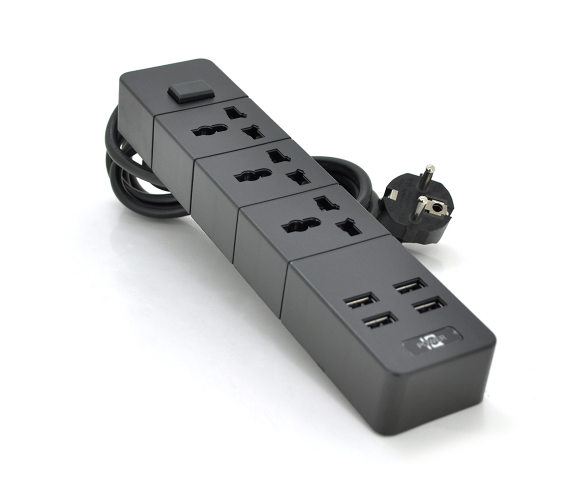 Сетевой фильтр ТВ-Т08, 3 розетки + 4 USB, 2 м, сечение 3х0,75мм, 2500W, Black, Box